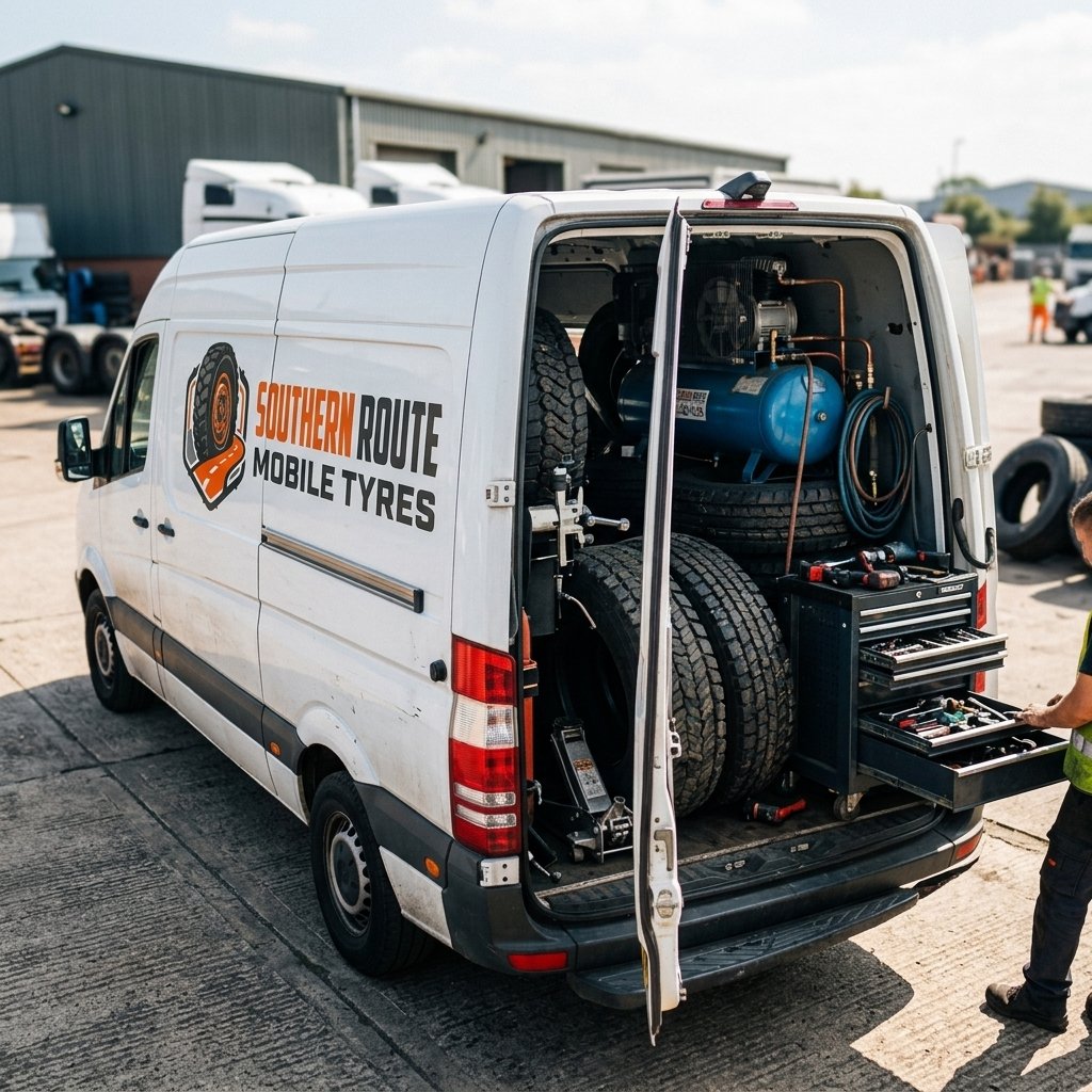 Inside the mobile tyre fitting van showing equipment - Mobile Truck Tyre Fitting in Southampton