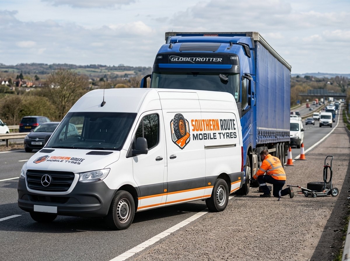 Southern Route Mobile Tyres mobile fitting van changing a tyre on an HGV on the A34 - Mobile Truck Tyre Fitting in Southampton